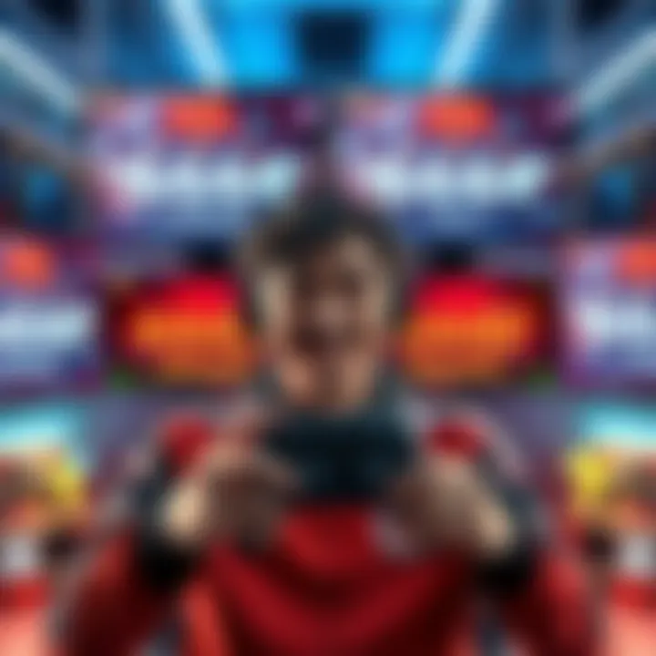 A player smiles while holding a gaming controller, surrounded by screens displaying their 4444 standard and 444 wild ranks, showing their achievements in gaming.