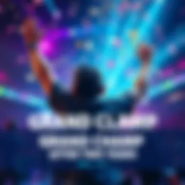 A gamer in a vibrant esports arena, celebrating after achieving Grand Champ rank with friends cheering and confetti in the air.