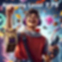 A gamer joyfully celebrating with an heirloom pack in hand after reaching level 775 in their game, surrounded by colorful graphics and gaming elements.