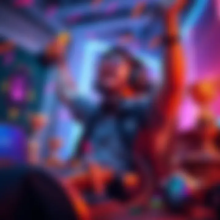 A gaming enthusiast celebrating after achieving the platinum trophy in Helios, surrounded by gaming gear and trophies.