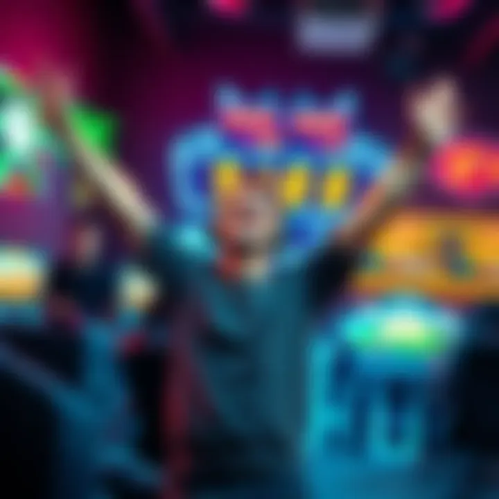 A happy gamer raises their arms in celebration after achieving a new high score in a video game, with a colorful gaming setup in the background.