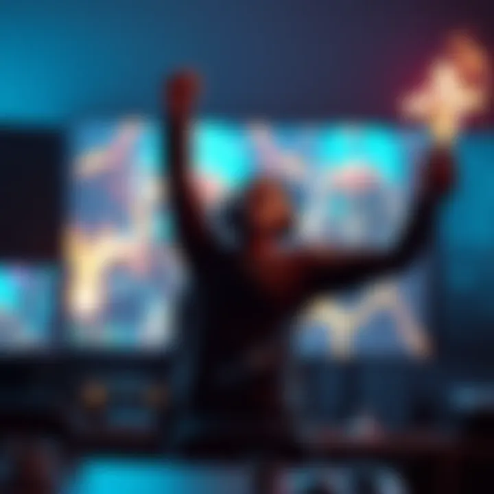 A gamer joyfully celebrating in front of their screen after successfully acquiring the hayabusa S Rath build in Valor LS