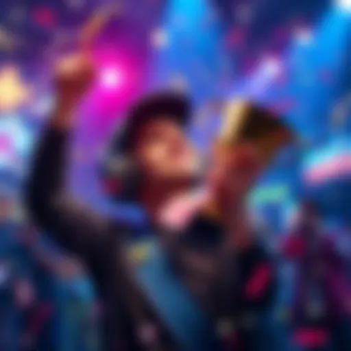 Gamer with a trophy and confetti celebrating achievement in a gaming environment