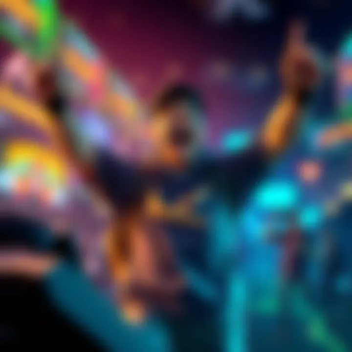 A gamer excitedly celebrates reaching a new level after receiving runes from another player, showing a vibrant in-game environment.