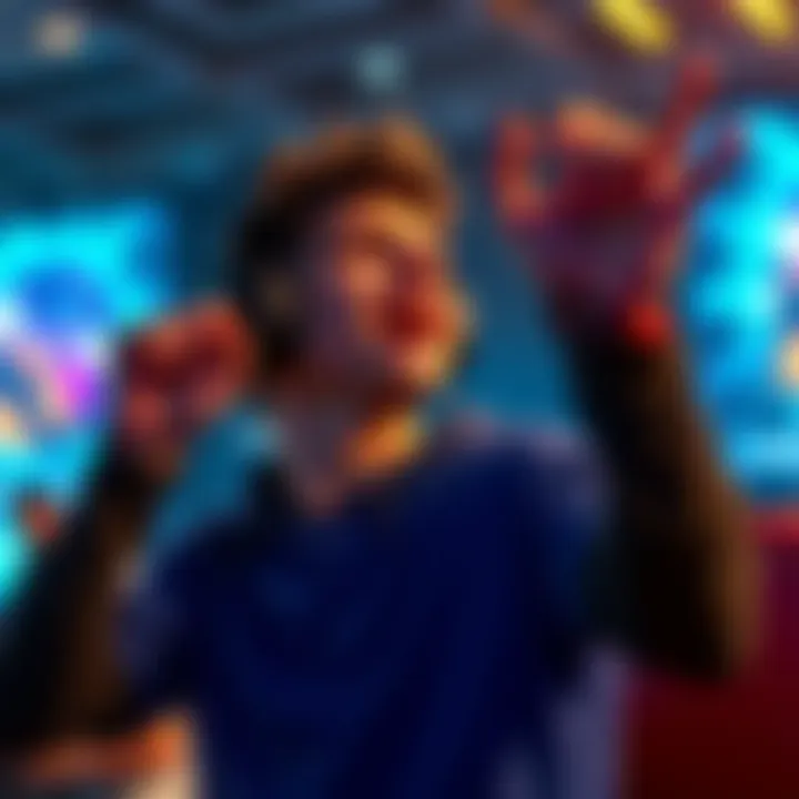 A gamer celebrating their achievement of reaching Masters rank in competitive play, showing excitement and determination.