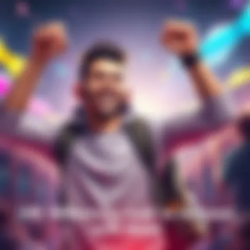 A happy player wearing a stylish backpack celebrates reaching 10K in a game, showcasing his excitement and positive vibes.