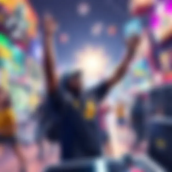 A player joyfully celebrating after achieving platinum status in a vibrant video game world, surrounded by colorful characters and engaging gameplay elements.