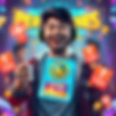 A gamer with a big smile, holding a rare item from a game, surrounded by colorful graphics and victory symbols.