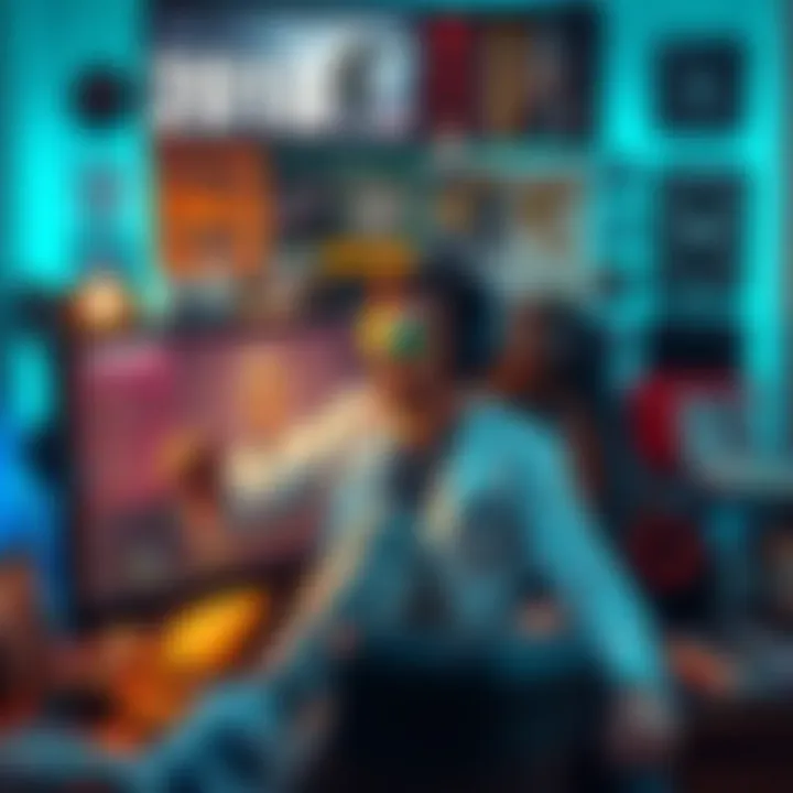 A gamer excitedly looks at their screen, showcasing the rare Scientist skin from 2018, surrounded by gaming memorabilia and nostalgic items.