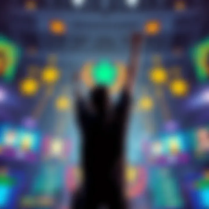 Player celebrating return to infinite rank A player joyfully celebrates their return to infinite rank, fist raised in victory, against a backdrop of a game environment filled with colorful graphics and ranks.