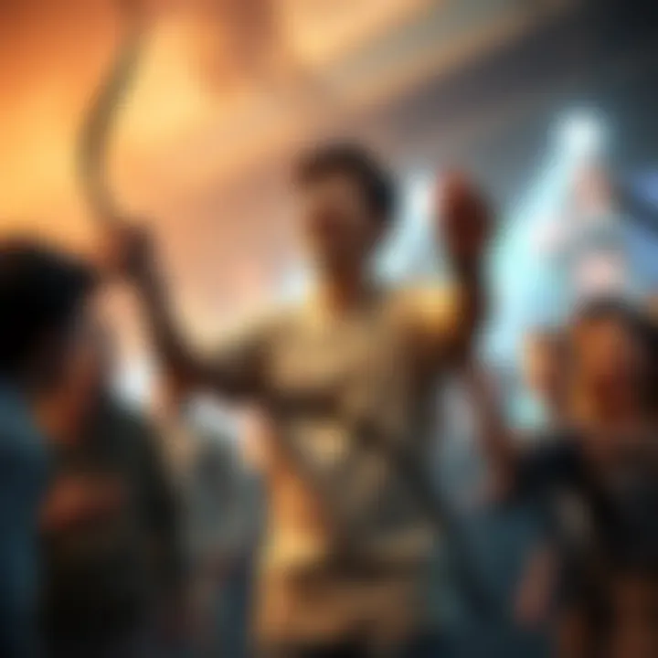 Player Celebrating Victory A joyful player celebrating their first win, holding a longbow, surrounded by friends in a gaming setting.