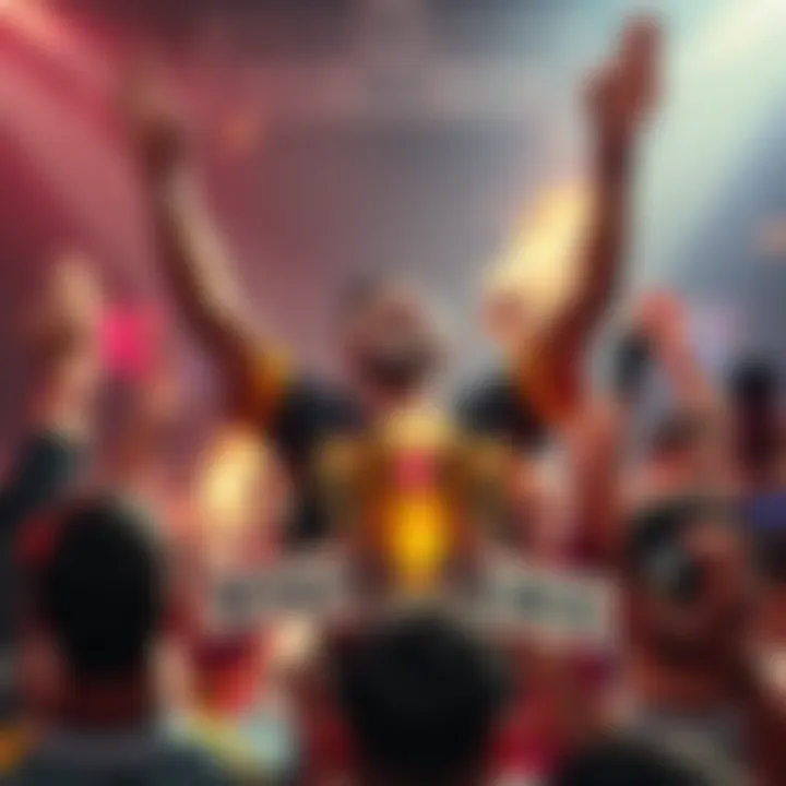 A player celebrates their tournament win with raised arms and a joyful expression, surrounded by cheering teammates and a trophy.