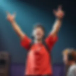 Player celebrating victory A gamer with a joyful expression, raising their arms in celebration after winning, with a muted background symbolizing a lack of music.