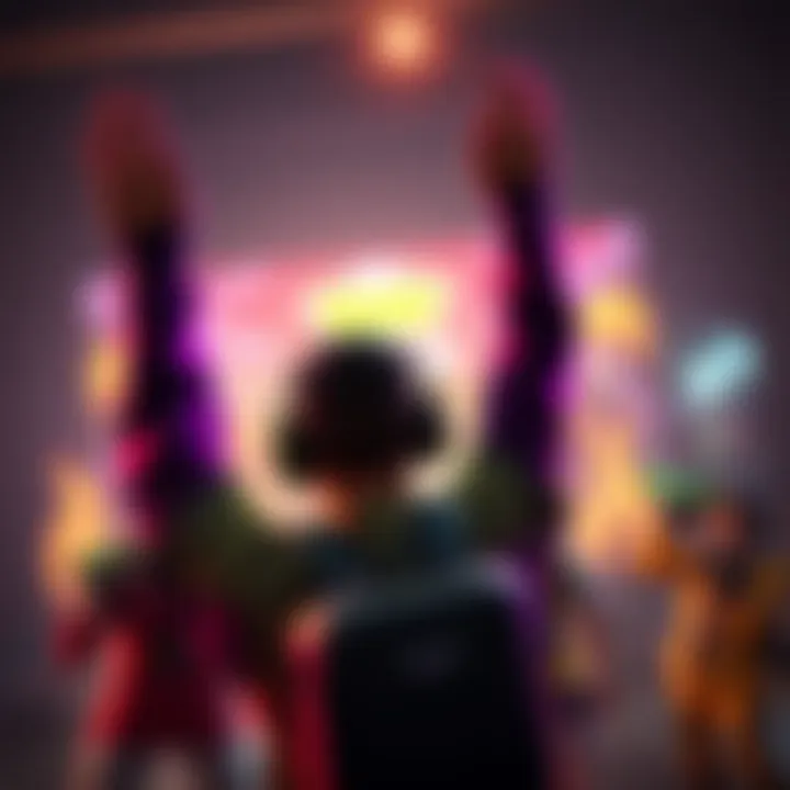 A gamer raises their hands in joy after achieving a kill during gameplay, showcasing excitement and enthusiasm. Bright graphics and characters can be seen in the background.