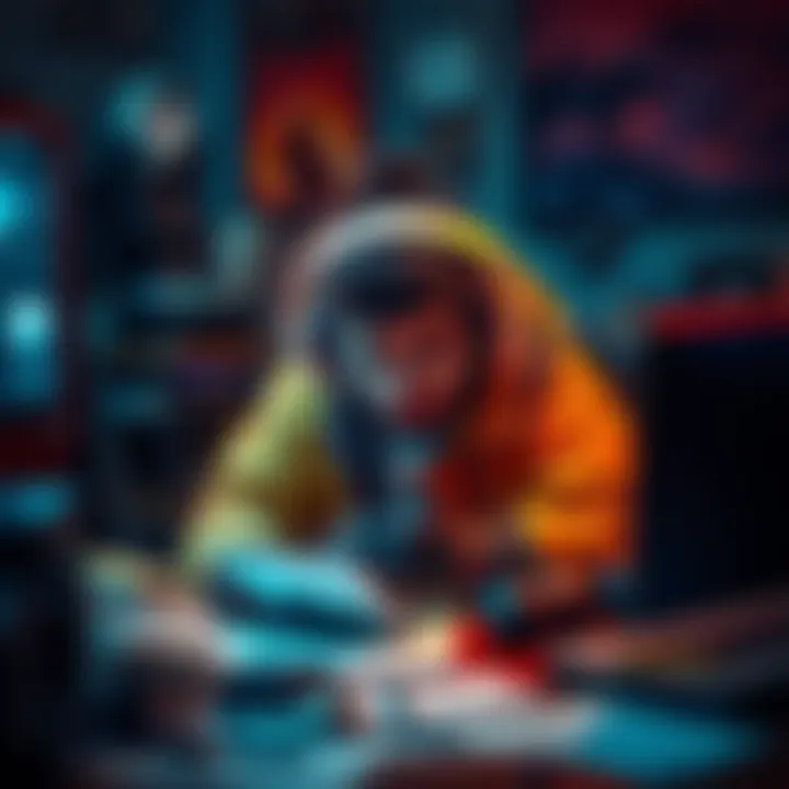 A gamer intensely strategizing to defeat the Matriarch, surrounded by gaming gear and notes from online forums.