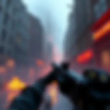 A video game character causing destruction in the Whitechapel district, with a dark and hostile atmosphere, showing signs of violence and chaos.
