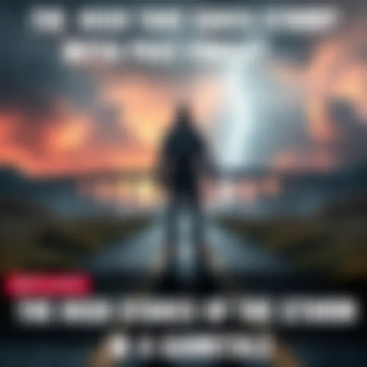 A character stands at a crossroads, contemplating whether to save a friend or stop a storm, with a dramatic sky in the background