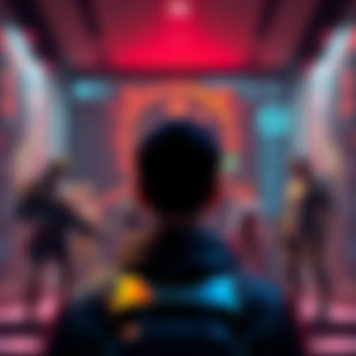 A gamer facing a decision screen, choosing between a peaceful and aggressive path in a video game, with characters representing both choices.