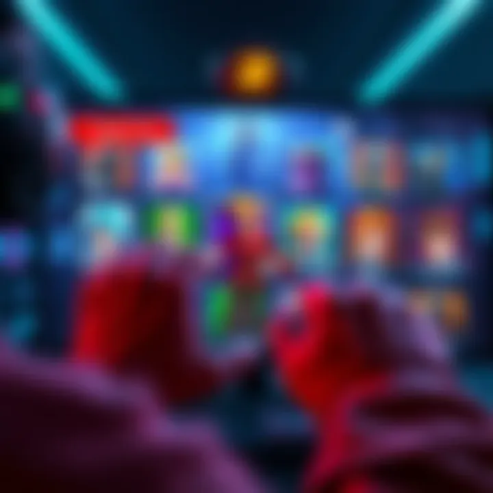 A gamer selecting a character on a screen, showing various colorful character options, emphasizing fun and excitement.