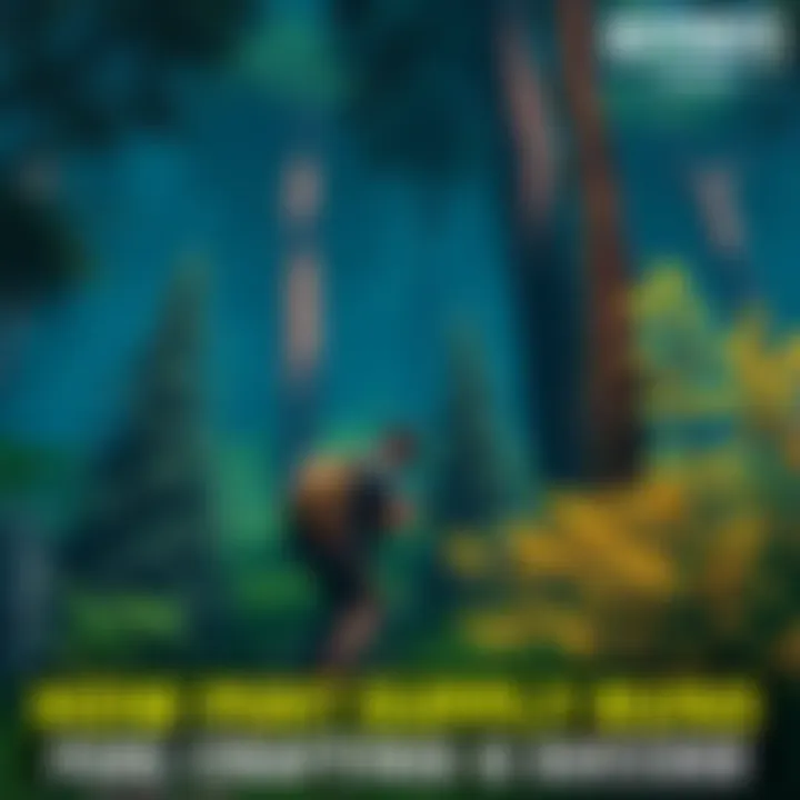 A gamer searching for crafting components in a green forest area, looking for loot among trees and bushes