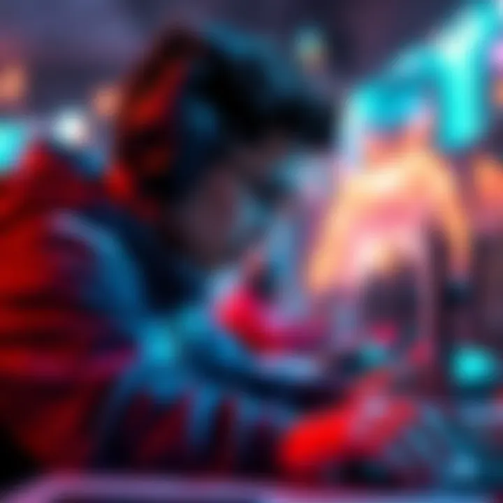 A gamer focused on leveling up, earning experience points in a vibrant gaming environment.