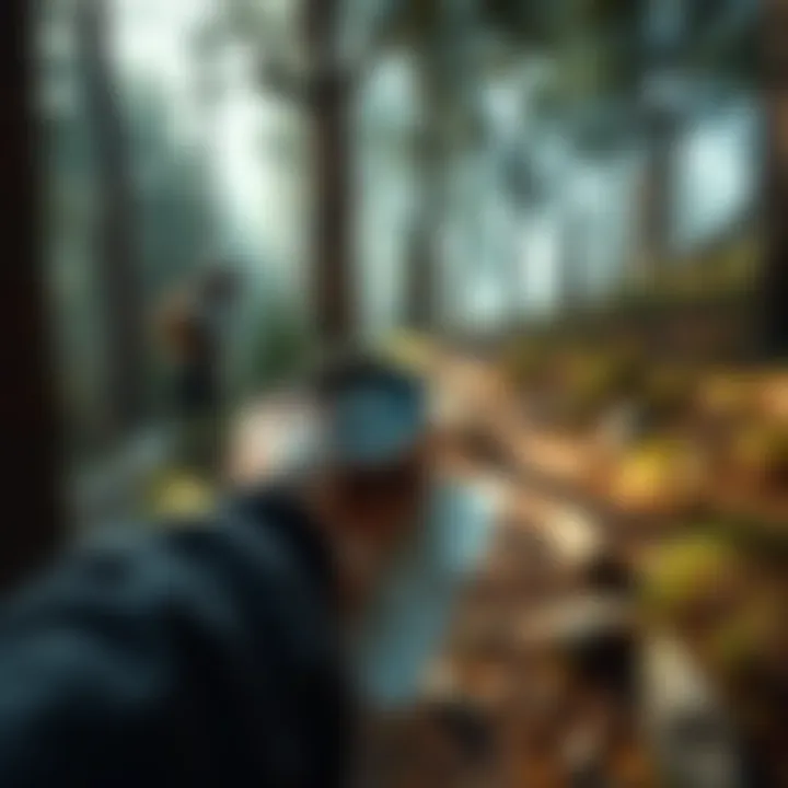 A person holding a compass while standing on a path through the forest with a map in hand, surrounded by various terrains like trees and rocks.