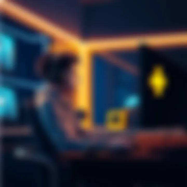 A gamer sitting at a desk, looking worried while using a computer, with a PS Plus logo on the screen