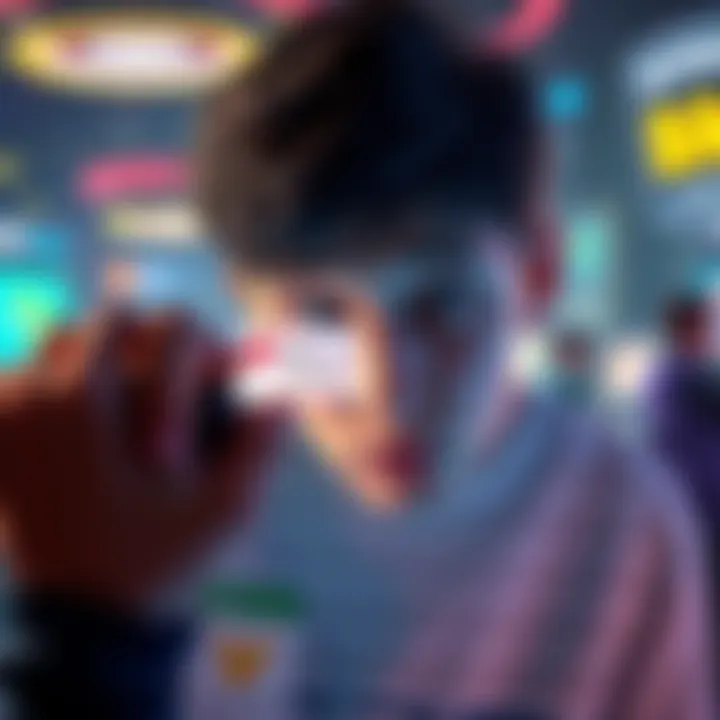 A person looking at a game screen with a surprised expression, showing a ban notification message in a colorful game environment.