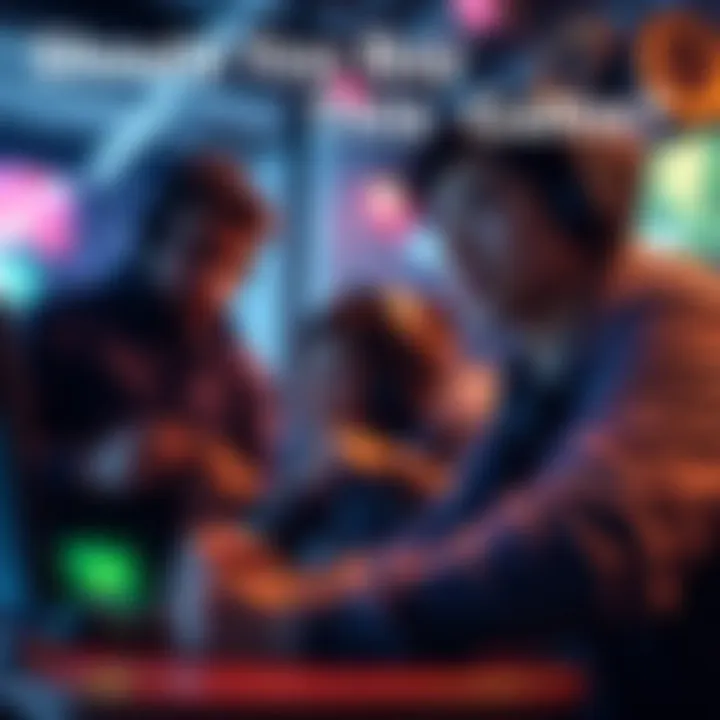 A gamer looks thoughtfully at a game console while discussing with friends about a new game influenced by Bungie, reflecting mixed feelings.