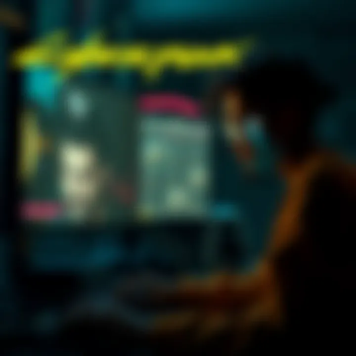 A gamer sitting in front of a computer, looking distressed while reflecting on the story choices made in Cyberpunk 2077, with images of Keanu Reeves and Panam in the background.