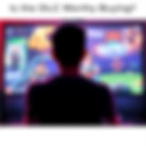 A gamer sits in front of a screen, looking thoughtful while playing a popular game, considering whether to buy downloadable content.