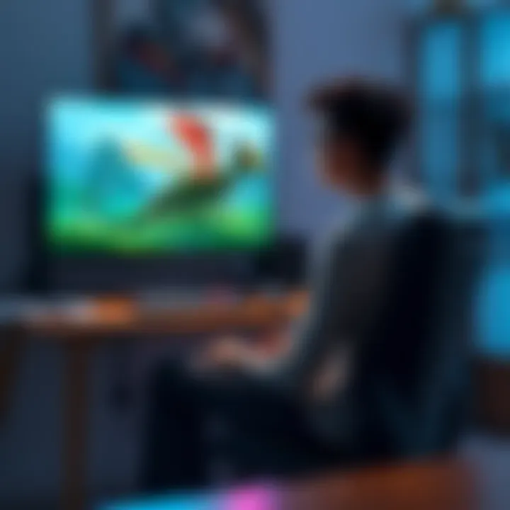 Player Contemplating Game Completion A player sitting at a gaming desk, looking at a screen showing a completed game with a dragon still missing. The player appears thoughtful about their next move after achieving full completion.