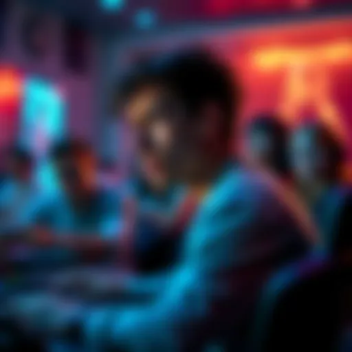 A player sitting at a computer, looking frustrated and deep in thought about their gaming experience while surrounded by friends who are enjoying the game.