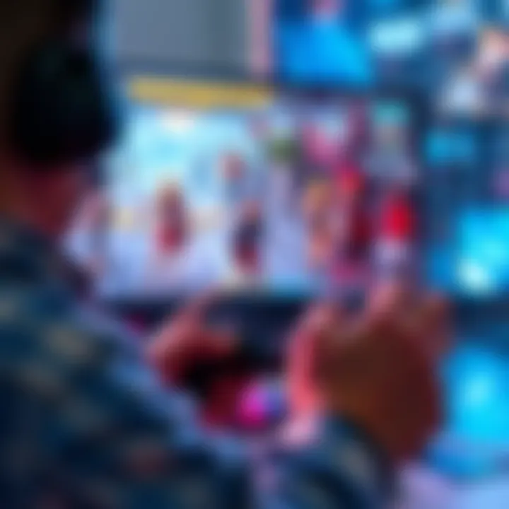 A gamer using a controller to manage companions in a virtual world, showing a vibrant game interface with characters appearing around them.