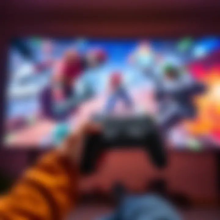 A gamer holds a controller, looking at a screen filled with fantasy graphics and action scenes from classic games being remade.