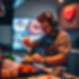 A gamer using an unexpected cooking method in a virtual kitchen, surprising the audience with innovative techniques.