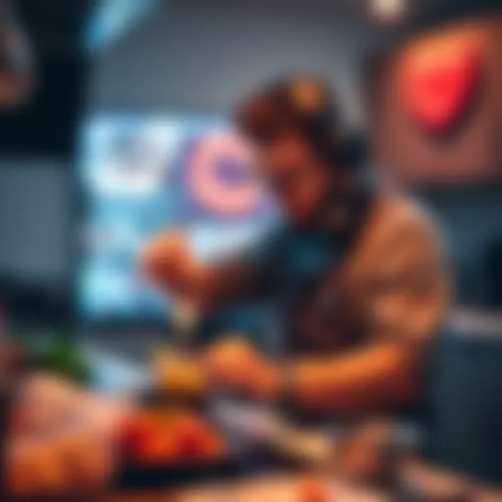 A gamer using an unexpected cooking method in a virtual kitchen, surprising the audience with innovative techniques.