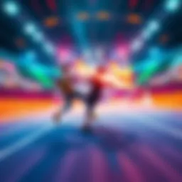 A gamer in a colorful arena engaging a fast-moving opponent, showcasing strategy and intense gameplay.