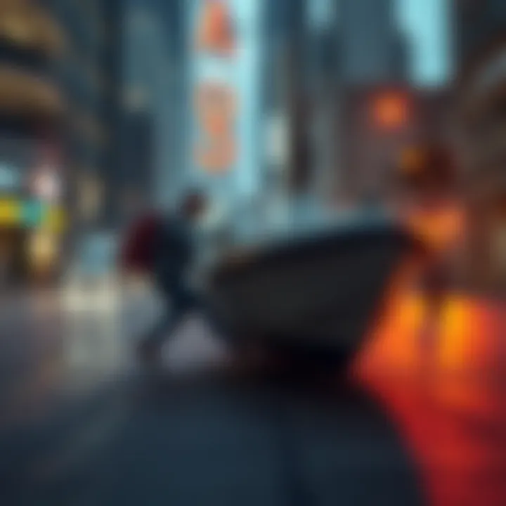 A player character in a video game collides with a small boat parked on a city street, creating a humorous scene.