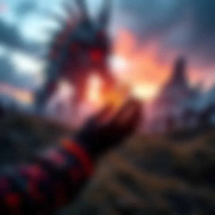 A player holding the rare crystallization catalyst after defeating a wild Colossus, with a view of the Colossus in the background.