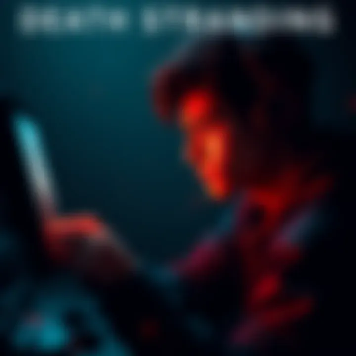 A person playing Death Stranding, focused on the screen with emotion showing on their face, surrounded by a dark and immersive gaming environment.