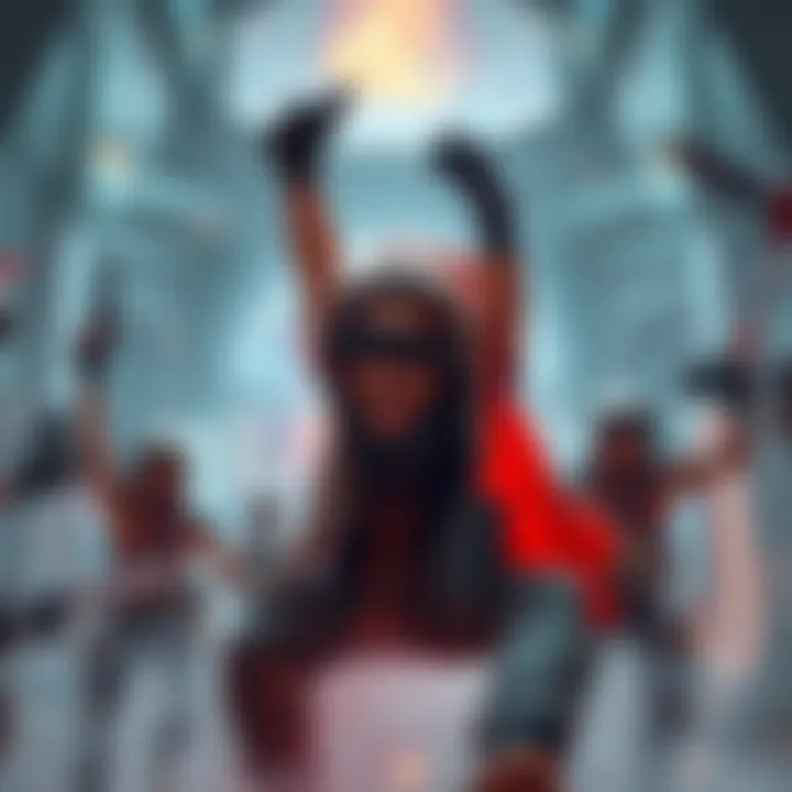 A gamer celebrates after defeating their first bastion, surrounded by virtual gear and fellow gamers.