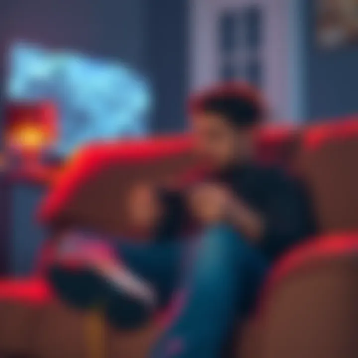 Player disappointed with new Metroid game A gamer sitting on a couch with a game controller looking frustrated after playing a new Metroid game, the screen shows dull gameplay graphics.