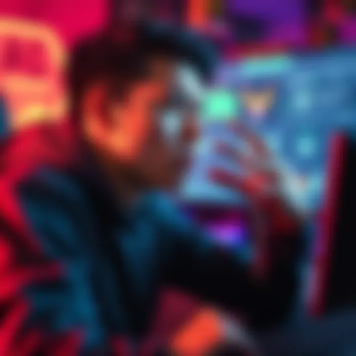 A gamer looking frustrated while playing, with a computer screen displaying low crit damage stats in the background.
