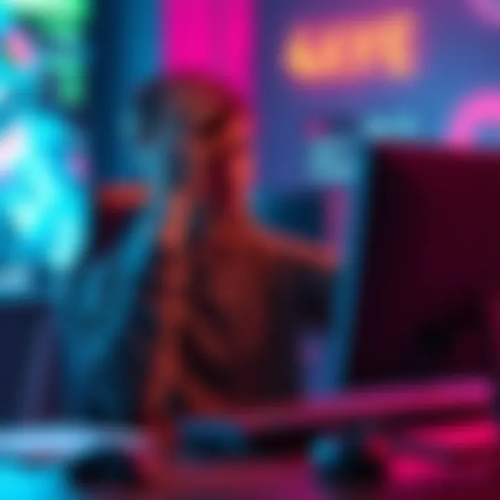 Player holding head in discomfort A gamer sitting at a desk, holding their head in discomfort while looking at a computer screen, showing signs of visual strain.
