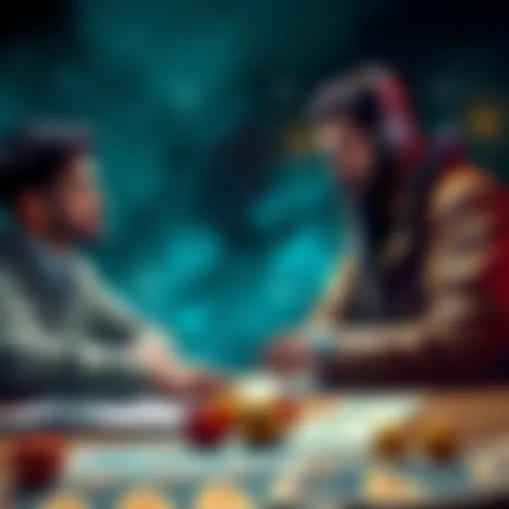A tabletop player and a Dungeon Master engage in conversation about character options while surrounded by dice and character sheets