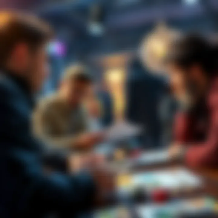 A group of people gathered around a table, discussing tabletop RPG strategies while looking at character sheets and game dice.