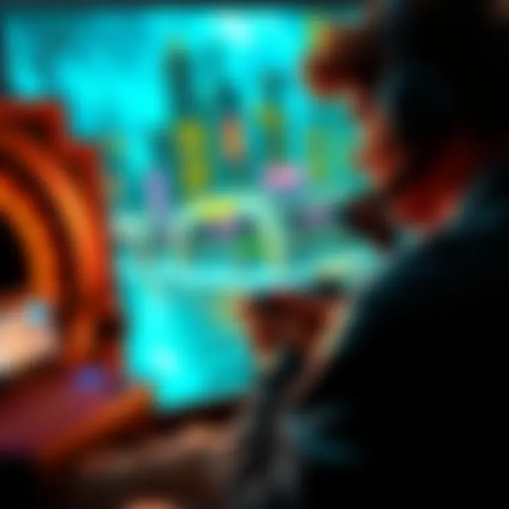 Player enjoying Duke Nukem 3D A gamer playing Duke Nukem 3D, focused on the alien base levels on screen, with city stages in the background