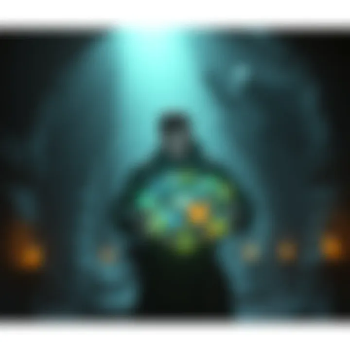 A player stands in a dim dungeon holding a large stash of glowing runes with a tense expression as a shadowy enemy approaches