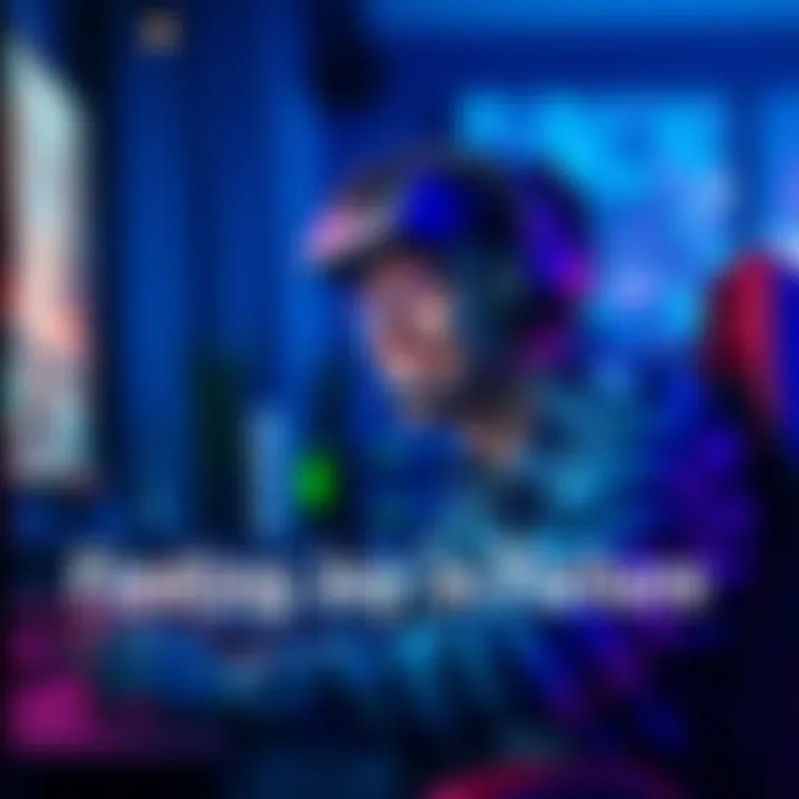 A gamer smiles while playing a challenging video game, surrounded by virtual gear and action-packed scenes.